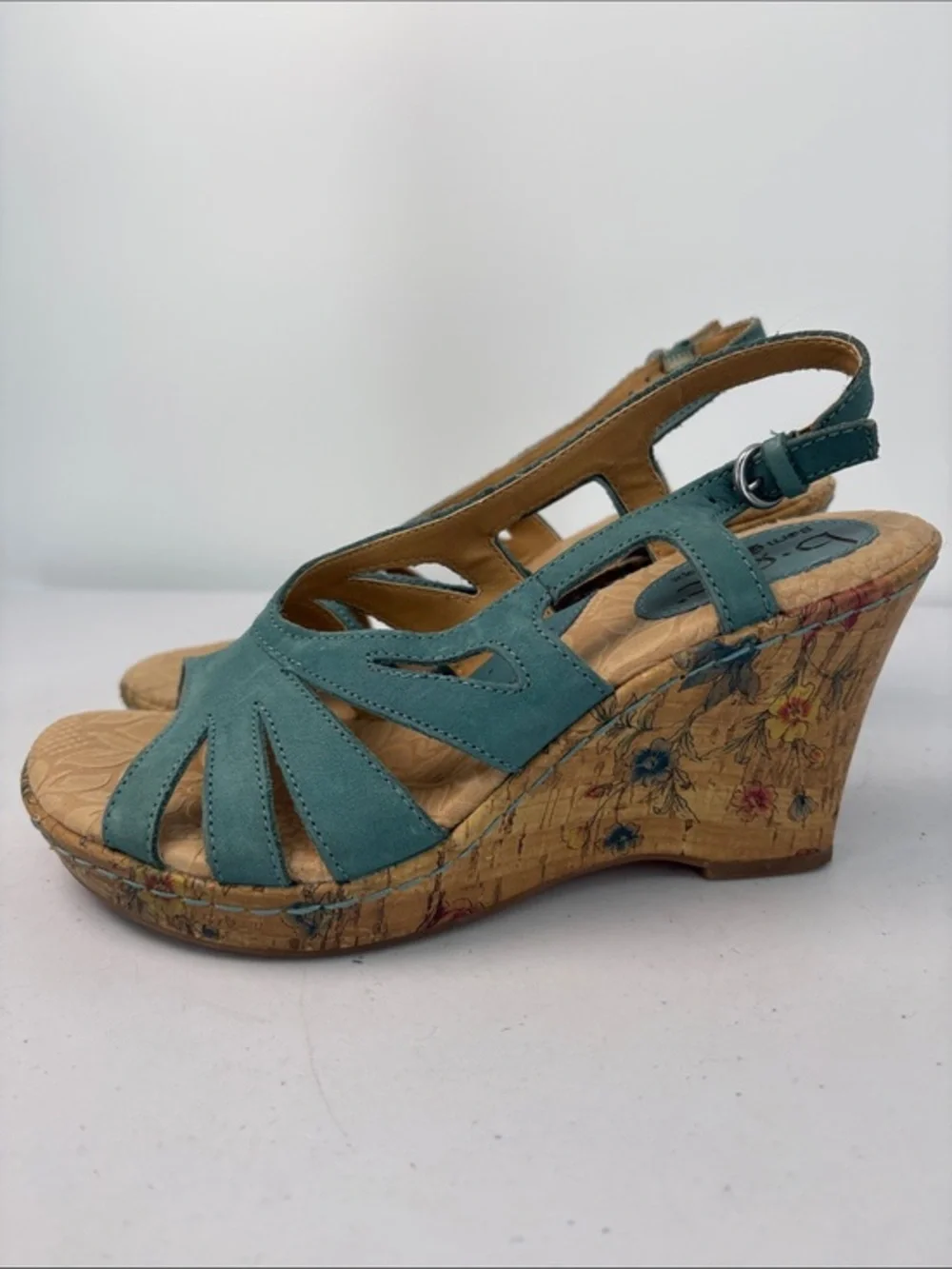 🫒 boc Teal Open-Toe Slingback Wedge Sandals with Floral Cork Heel